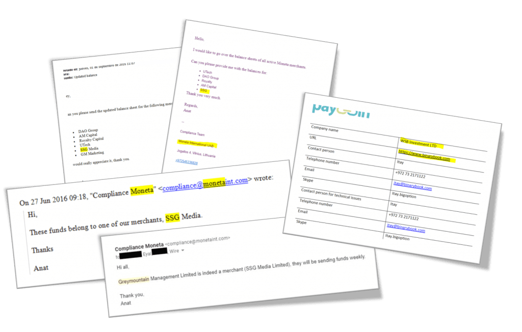 Emails and documents proving involvement of Payobin and moneta international in GMM and BinaryBook schemes