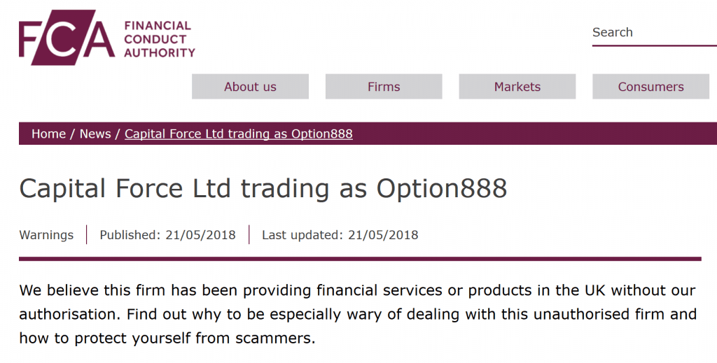 FCA warning against Capital Force and Option888