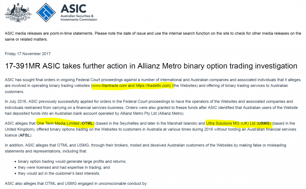 ASIC announced furhter action against TitanTrade Australia