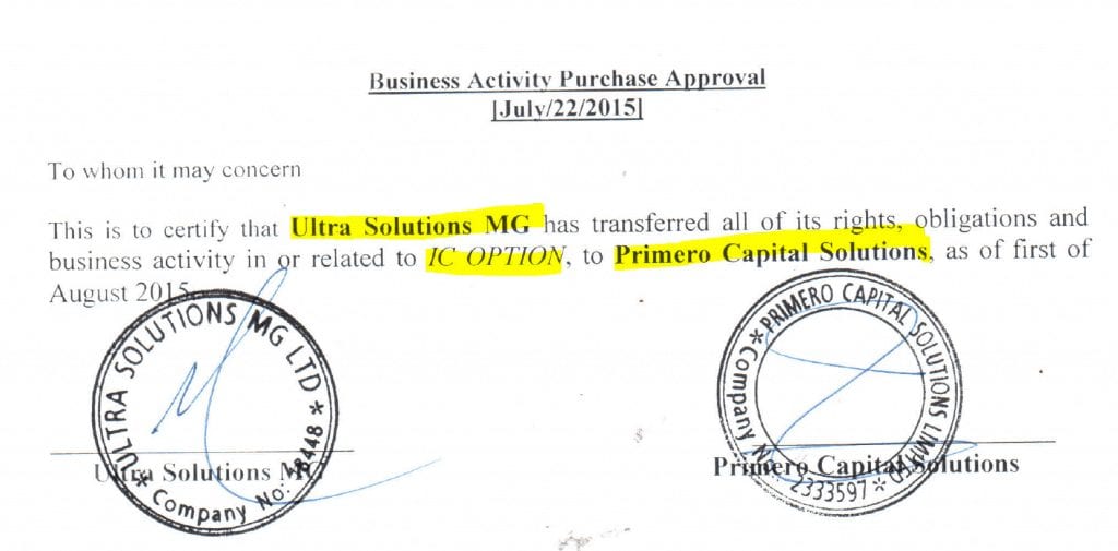 Ultra Solutions MG transfers ICoption to Primero Capital Solutions