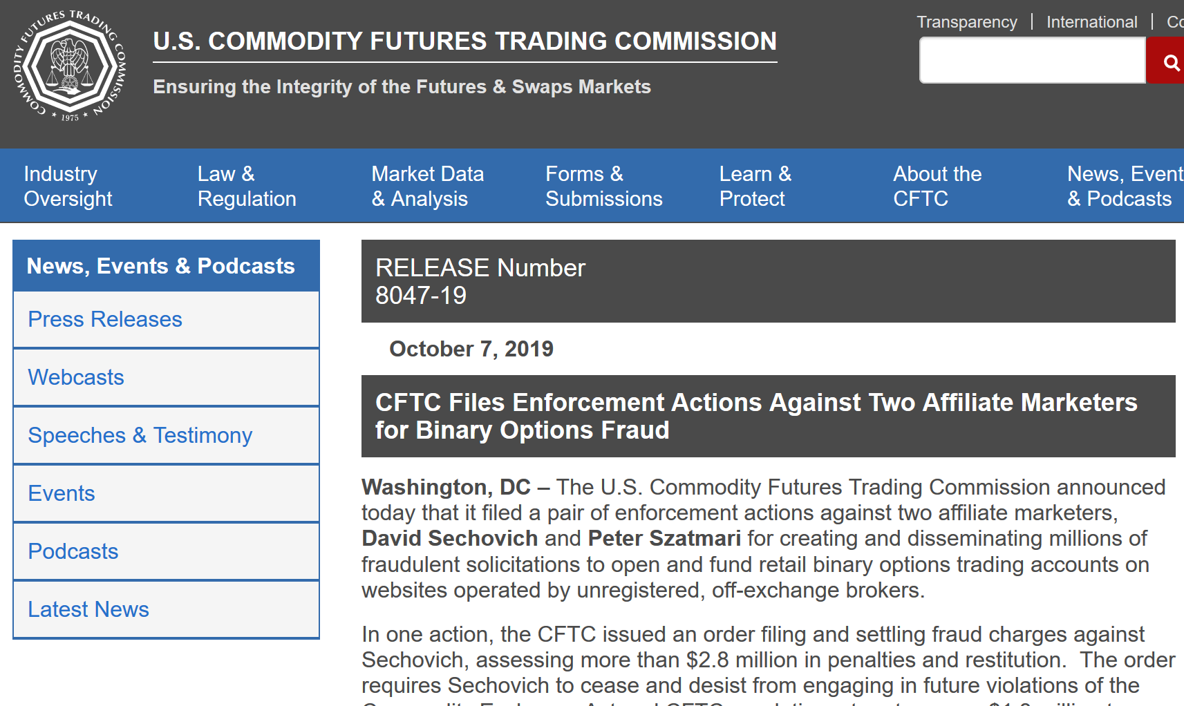 CFCT charges binary options affiliates with investment fraud