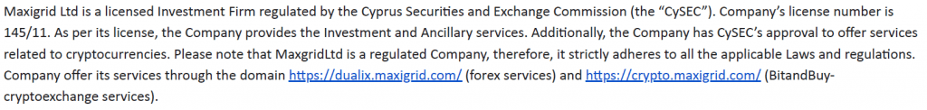 Maxigrid confirmation to victim that it acted within CySEC license