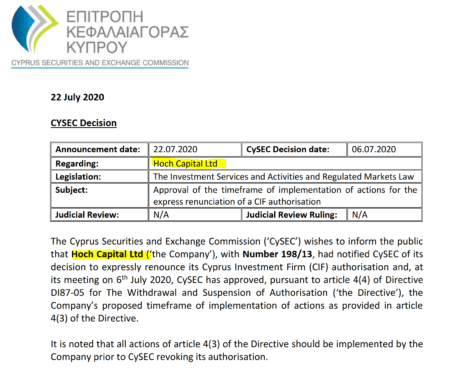 Rodeler and Hoch Capital renounce their CySEC license