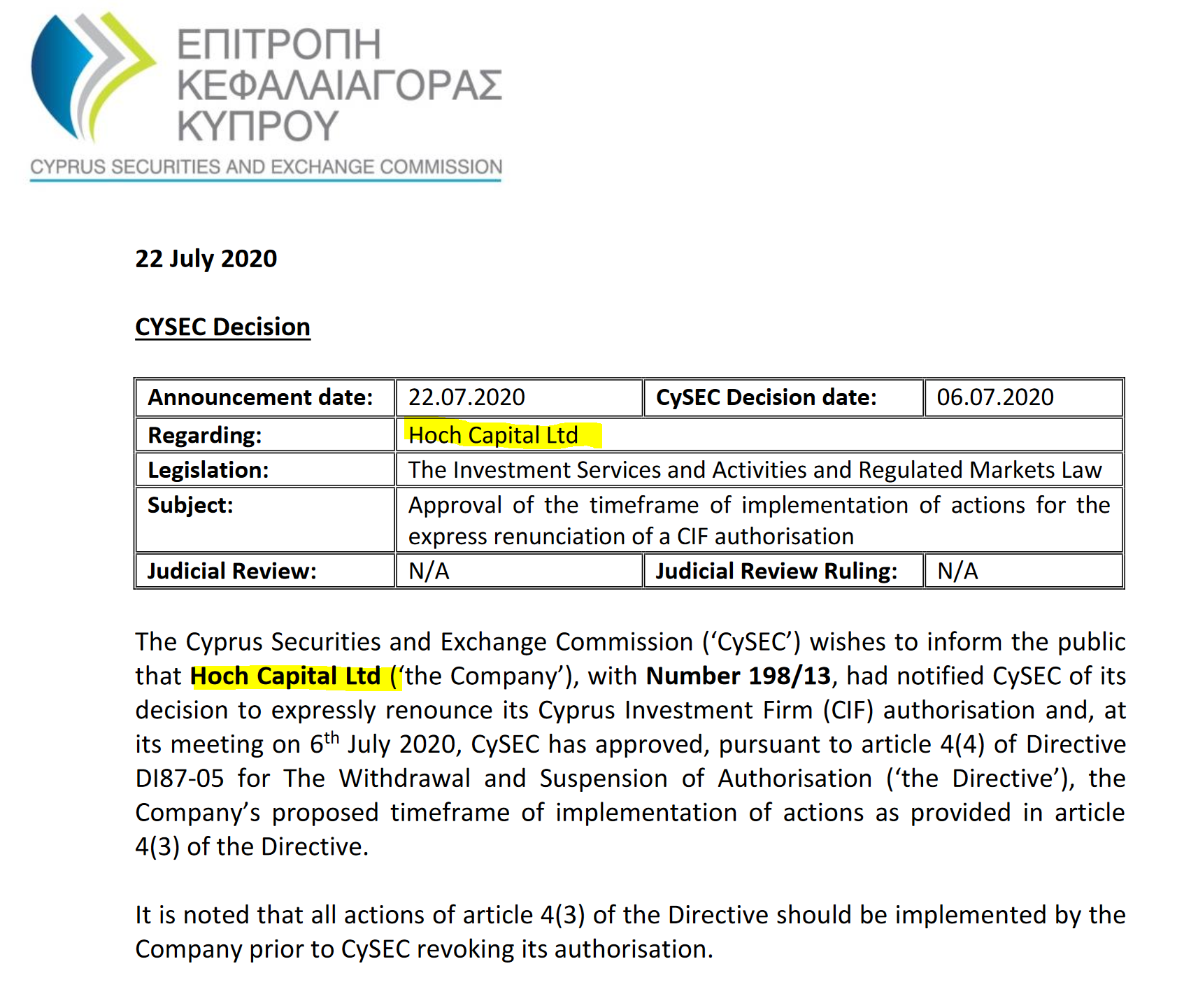 CySEC approves plans for the voluntary renouncement of the licenses of  Rodeler and Hoch Capital | FinTelegram News