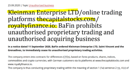 Bafin warns against Kleinman Enterprise with TheCapitalStocks and RoyaltyFinance