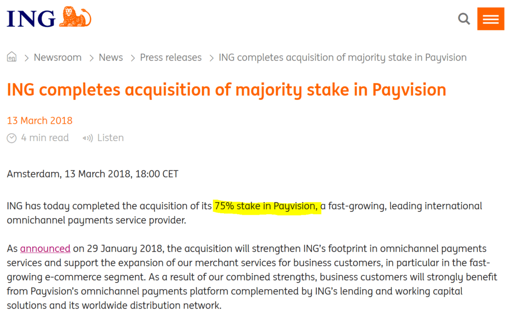 ING acquires Payvision in 2018 on a €360 million valuation