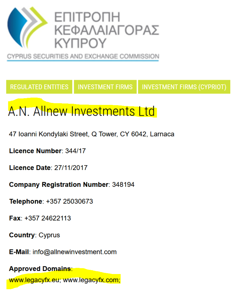 AN Allnew Investments CySEC regulation with LegacyFX