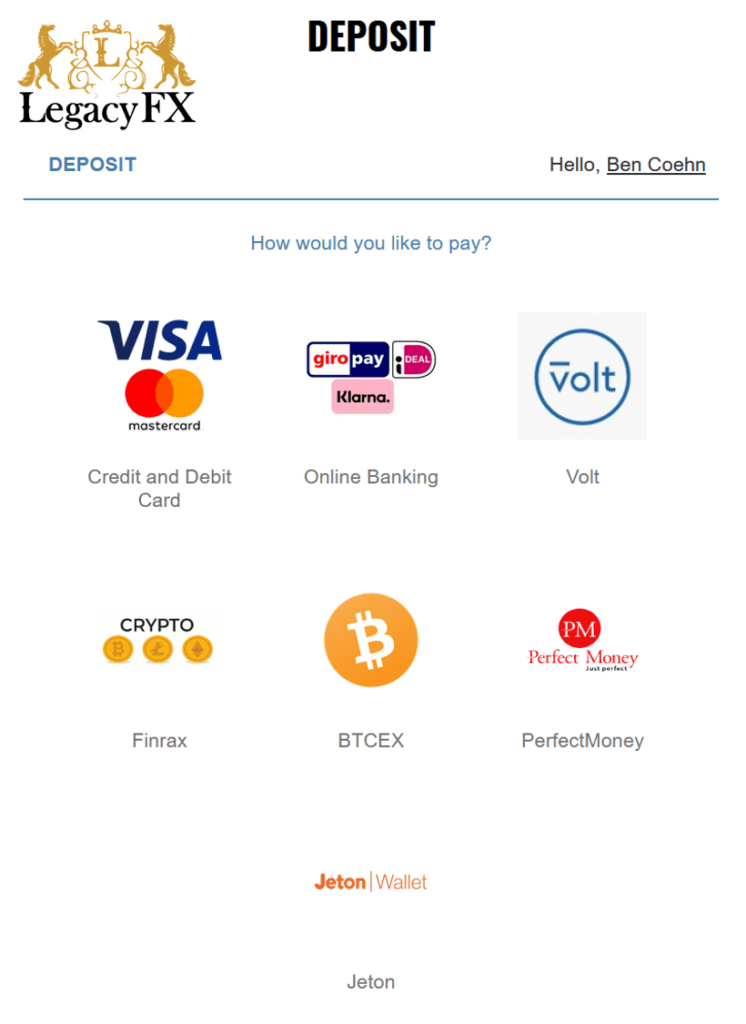 LegacyFX Praxis Cashier payment options