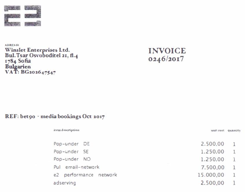 E-2 Communications invoice to Winslet Enterprises