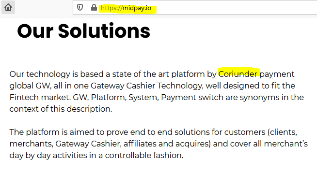 Scam-facilitating payment procdessor MIdPay powered by Coriunder