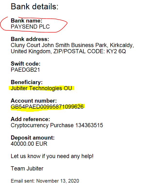 Jubiter had a bank account with Paysend