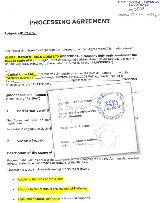 Global Payment Solutions and Marko Vujosevic signed agreement with Capital Force