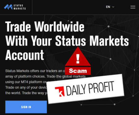 Investor warning against Status Markets scam promoted by 1k Daily Profit campaign