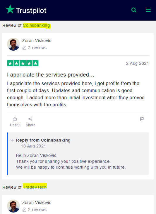 CoinsBanking and TradeVTech on Trustpilot