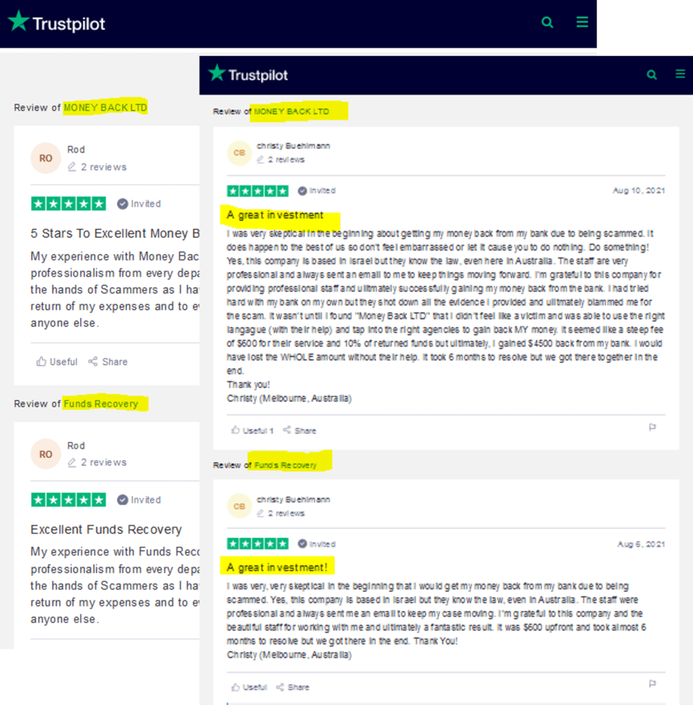 Money Back aka PayBack and Funds Recovery and fake Trustpilot reviews