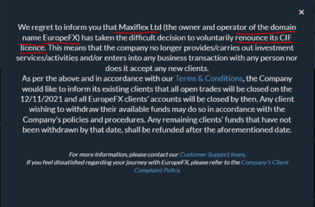 EuropeFX and Maxiflex will close down