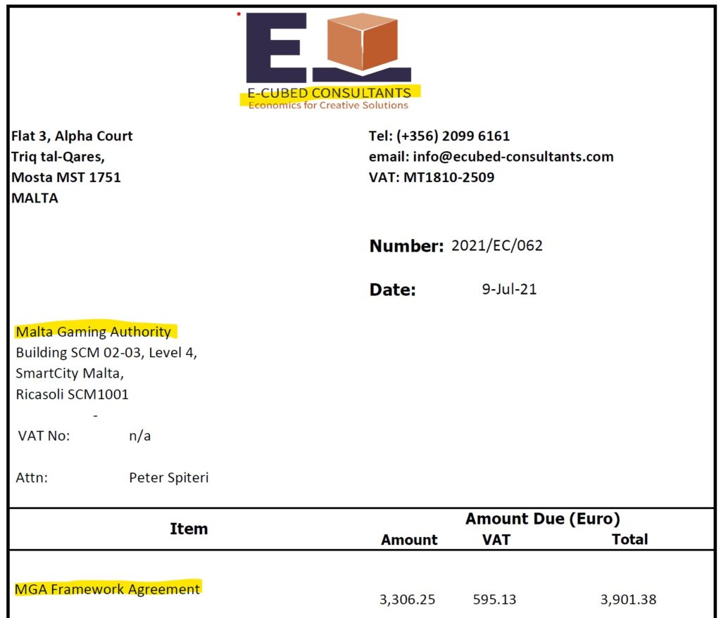 E-Cubed Consultants sends invoice to the Malta Gaming Authority 