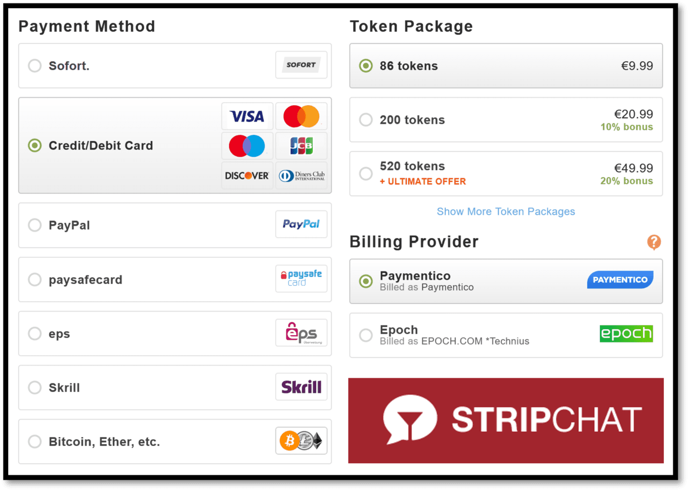 Strip chat token