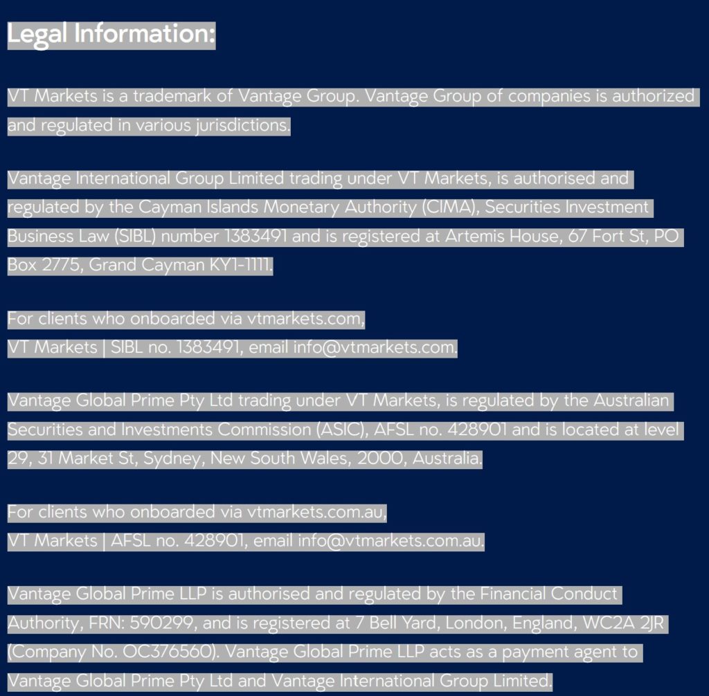 VT Markets legal information with Vantage Group