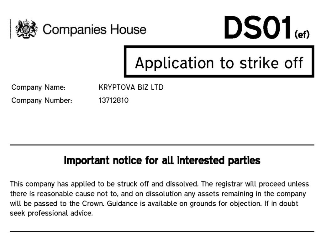 Kryptova strike-off application