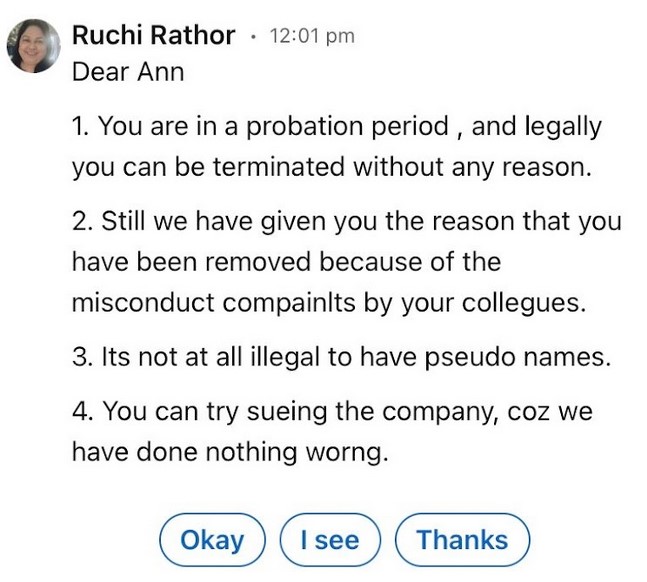 Ruchi Rathor Email answer to employee