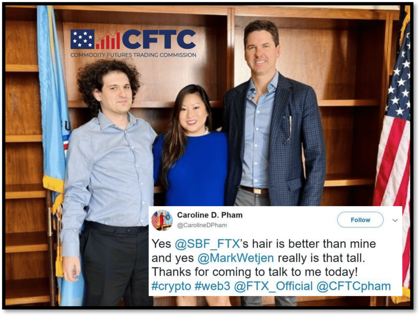 CFTC Commissioner Caroline D. Pham an Mark Wetjen with FTX founder Sam Bankman-Fried